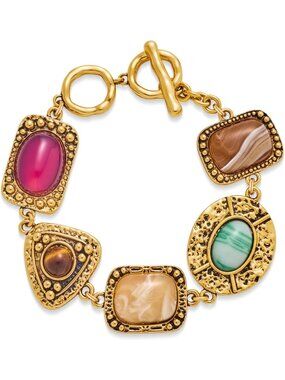 Vintage Gold Charm Bracelet with Toggle Closure, Tiger Eye & Carnelian Stones